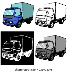 hand drawn, cartoon, sketch illustration of small truck