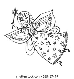 hand drawn, cartoon, sketch illustration of fairy with a magic wand.