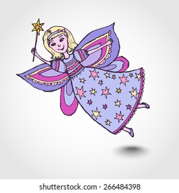hand drawn, cartoon, sketch illustration of fairy with a magic wand. It can be used for design of postcards, stamps. The original print