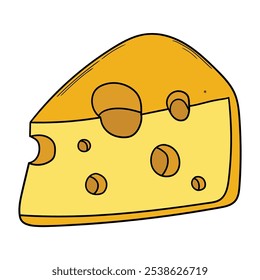 Dibujado a mano rebanada de dibujos animados de queso aislado sobre fondo blanco. Ilustración vectorial.