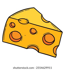 Hand drawn cartoon slice of cheese isolated on white background. Vector illustration.
