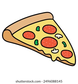 Hand drawn cartoon slice of pepperoni pizza isolated on white background. Vector illustration.