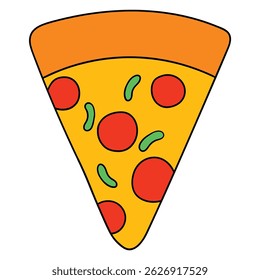 Hand drawn cartoon slice of pizza isolated on white background. Vector illustration.