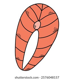 Hand drawn cartoon slice of raw salmon isolated on white background. Vector illustration.