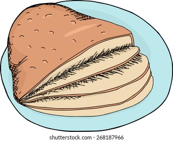 Hand drawn cartoon of sliced ham on plate