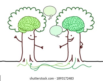Hand drawn Cartoon smiling and Communicating Tree-Men with big Green brains