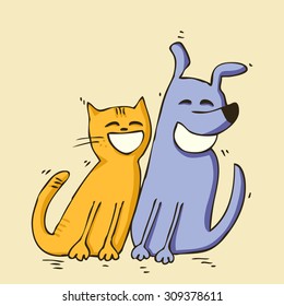 hand drawn cartoon smiling dog and cat, isolated design object