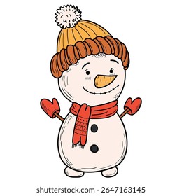 Hand drawn cartoon snowman in a hat, scarf and mittens isolated on white background. New Year and Christmas concept. Vector illustration.