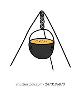 Hand drawn cartoon soup in cauldron isolated on white background. Vector illustration.