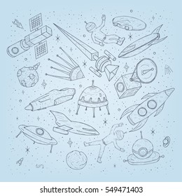 Hand drawn cartoon space planets,shuttles, rockets, satellites, cosmonaut  and other elements. Set doodles cosmic symbols and objects.
