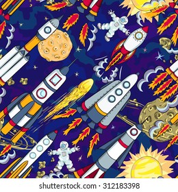 hand drawn cartoon space seamless pattern. rockets, spacemen, planets and stars