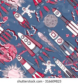 hand drawn cartoon space seamless pattern. rockets, spacemen, planets and stars