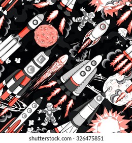 hand drawn cartoon space seamless pattern. rockets, spacemen, planets and stars