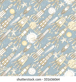 hand drawn cartoon space seamless pattern. vector kids illustration