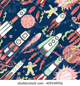 hand drawn cartoon space seamless pattern. rockets, spacemen, planets and stars