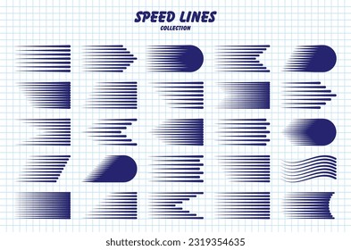 Hand drawn cartoon speed lines with round corners on checkered paper sheet. Simple line with motion effect. Comic book design element. School notebook for drawing. Vector collection