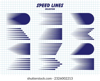 Hand drawn cartoon speed lines with round corners on checkered paper sheet. Simple line with motion effect. Comic book design element. School notebook for drawing. Vector collection