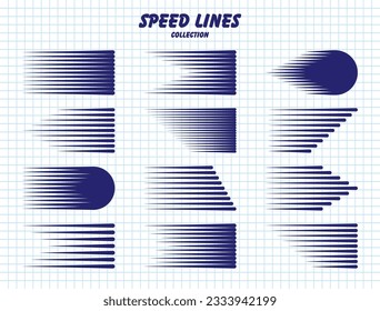 Líneas de velocidad dibujadas a mano con esquinas redondeadas en papel de cuadros. Línea simple con efecto de movimiento. Elemento de diseño de historietas. Ordenador portátil escolar para dibujar. Colección de vectores