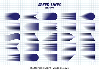 Handgezeichnete Cartoon-Geschwindigkeits-Linien mit runden Ecken auf karierten Papierbogen. Einfache Linie mit Bewegungseffekt. Comic Book Design Element. Schulheft zum Zeichnen. Vektorgrafik-Kollektion
