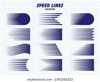 Hand drawn cartoon speed lines with round corners on checkered paper sheet. Simple line with motion effect. Comic book design element. School notebook for drawing. Vector collection