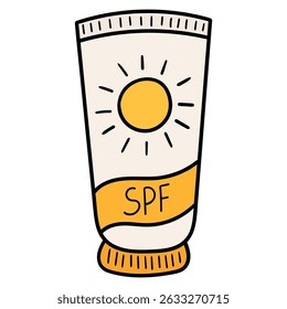 Dibujado a mano de dibujos animados spf botella de crema de protector solar aislado sobre fondo blanco. Ilustración vectorial.