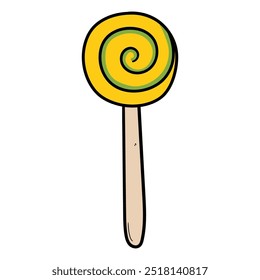 Hand drawn cartoon spiral lollipop on stick isolated on white background. Vector illustration.