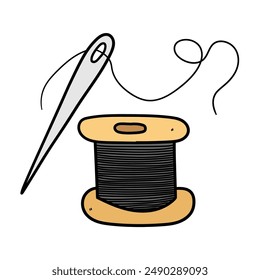 Hand drawn cartoon spool of thread and needle isolated on white background. Vector illustration.