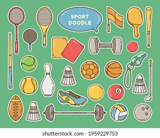 Hand drawn cartoon sport tools doodle bundle design sticker