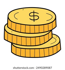 Hand drawn cartoon stack of coins isolated on white background. Vector illustration.