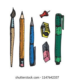 Hand drawn cartoon stationery set. Vector doodle illustration. Set of school accessories and supplies. Tools composition. Pen, pencil, marker, liner, sharpener, brush. Back to school design elements.