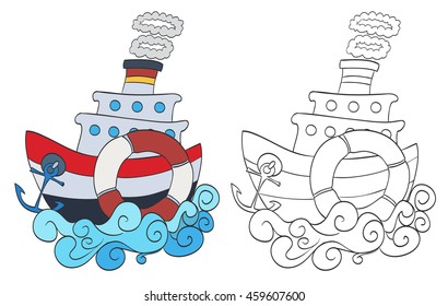 hand drawn cartoon steamship with coloring page version. vector illustration