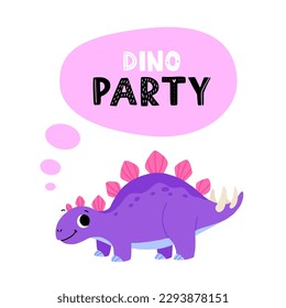 Hand drawn cartoon stegosaurus. Cute dino with the phrase dino party. Print for a poster, greeting card or t shirt