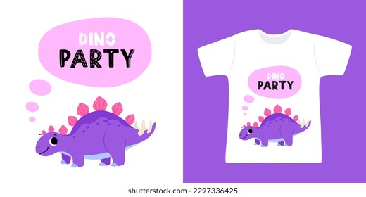 Hand drawn cartoon stegosaurus. Cute dino with the phrase dino party. Print for a t shirt with mock up.
