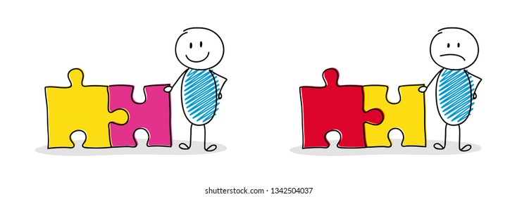 Hand drawn cartoon stickman with puzzle icons - collection. Vector
