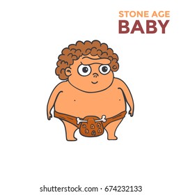 Hand Drawn Cartoon Stone age Caveman baby. Vector illustration