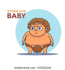 Hand Drawn Cartoon Stone age Caveman baby. Vector illustration