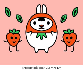 Hand Drawn Cartoon Strawberry Bunny Vector Cute Cute Rabbit El