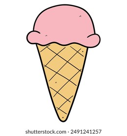 Hand drawn cartoon strawberry ice cream in waffle cone isolated on white background. Vector illustration.