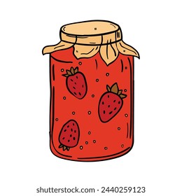 Hand drawn cartoon strawberry jam isolated on white background. Vector illustration.