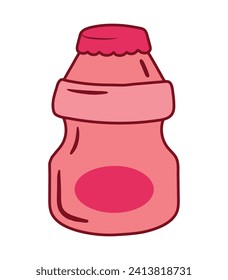 Hand drawn Cartoon Strawberry Yogurt Drink Doodle Sticker, Probiotic Drink, Yogurt Bottle, Korean Yogurt Drink Vector Illustration Isolated on White Background