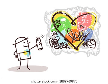 Hand drawn Cartoon Street Art Boy Creating a big Colorful Graffiti Heart sign