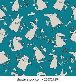 Hand drawn cartoon style animals. Seamless pattern.