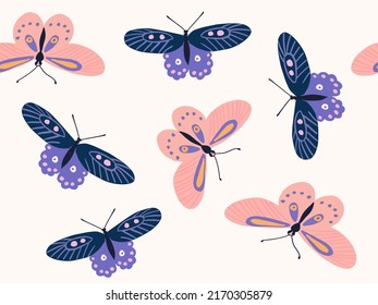 Hand Drawn Cartoon Style Butterfly Seamless Pattern. Naive painting with Pastel flying Butterflies for print, decor, fabric, textile, craft, cart, wallpaper