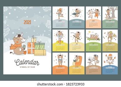 Hand drawn cartoon style calendar 2021 with bull symbol of the year. Monthly bulls for all seasons. Poster for print ready.