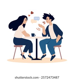 Hand drawn cartoon style couple characters sitting and drinking coffee together at the table. People talking at the table. Love talk on the first date. Happy Valentine's Day.