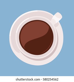 Hand Drawn Cartoon Style Cup. Vector Illustration Caffeine Drink. Hot and Fresh Black Coffee isolated on blue background