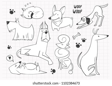 Hand drawn cartoon style dogs. Graphic vector set