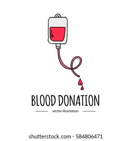 Hand drawn cartoon style doodle Blood donation bag with tube icon. Donation symbol icon with hearts. Doodle vector illustration. Charity donate sketch logo element: heart, love, care, help, aid