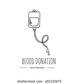 Doodle estilo caricatura dibujado a mano Bolso de donación de sangre con ícono de tubo. Símbolo de donación con corazones. Ilustración vectorial de Doodle. La organización benéfica donará el elemento del logo del esbozo: corazón, amor, cuidado, ayuda