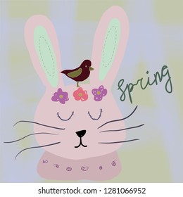 Hand drawn cartoon style easter bunny greeting card - Vector illustration